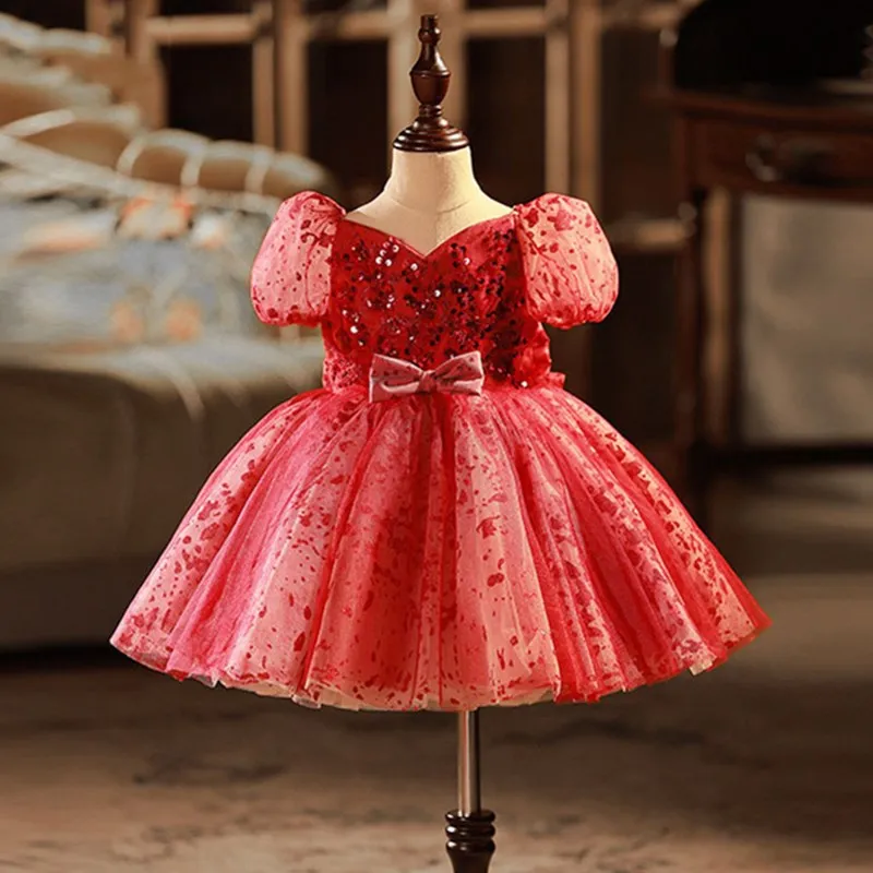 

Baby Dresses For Eid 2024 Girls' Short sleeve Mesh Puffy Princess sequin Bow Skirt Dinner Piano Performance skirt