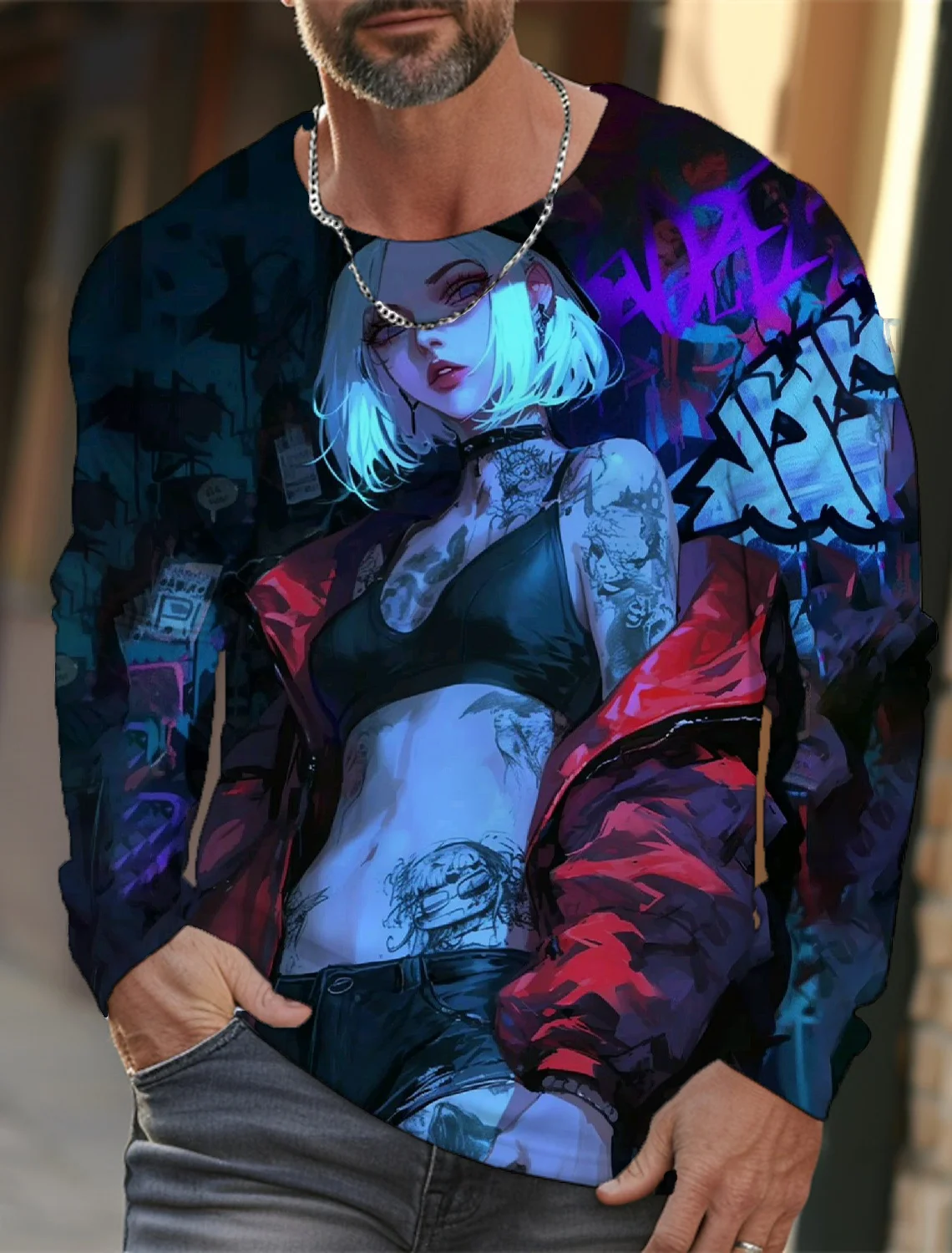 2024 neue männer langarm T-shirt 3D druck HD anime tattoo schönheit druck männer herbst tops lässig rundhals hause kleidung