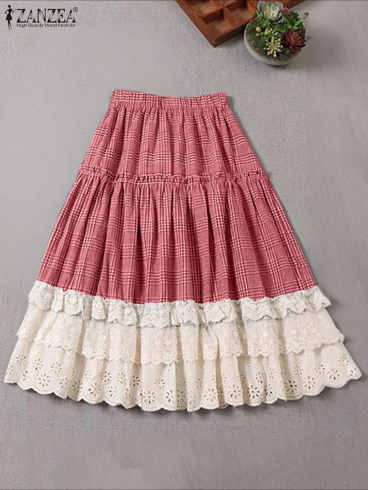 

ZANZEA Fashion Women Plaid Long Skirts Elegant Elastic Waist Ruffles Trim Lace Patchwork Checked A-Line Skirt Woman Casual Wear