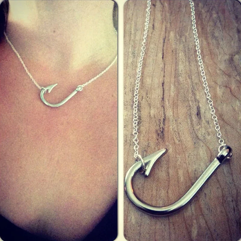 Sideways Fish Hook Necklace Fishers Of Men Necklaces  FishHook Pendant Collar Nautical Jewelry Gifts