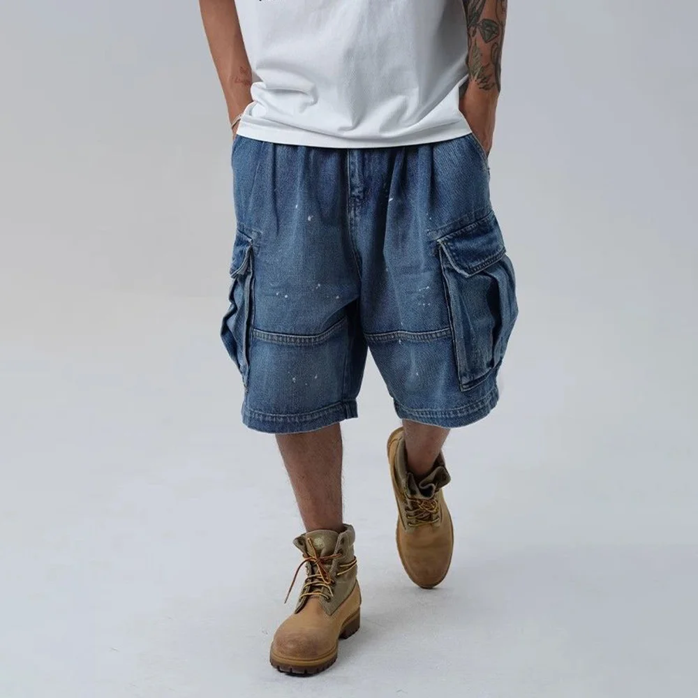 Shorts jeans de bolso múltiplo Y2k masculino, calças retas soltas de perna larga de cinco pontos, tendência da moda verão, 2024