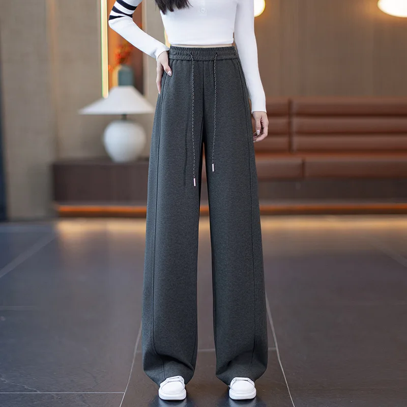 Pantaloni sportivi con coulisse in vita elastica versatile moda a vita alta Pantaloni casual Donna Autunno Nuovi pantaloni a gamba larga in tinta unita