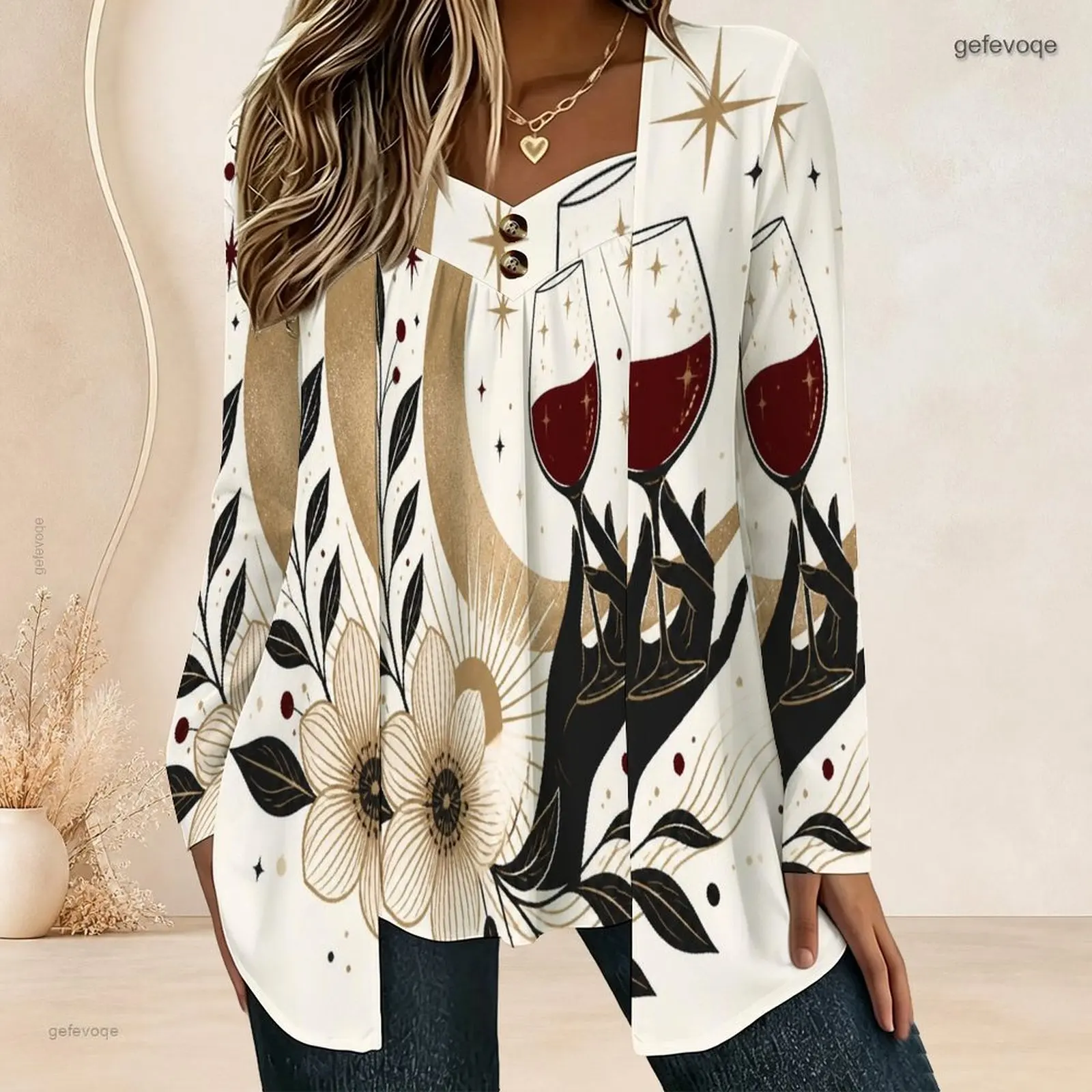 Women Fake Two Piece Long Sleeve Blouse Open Cardigan With Cami Top V Neck Button Detail Pleated Front Loose Tunic Oversize