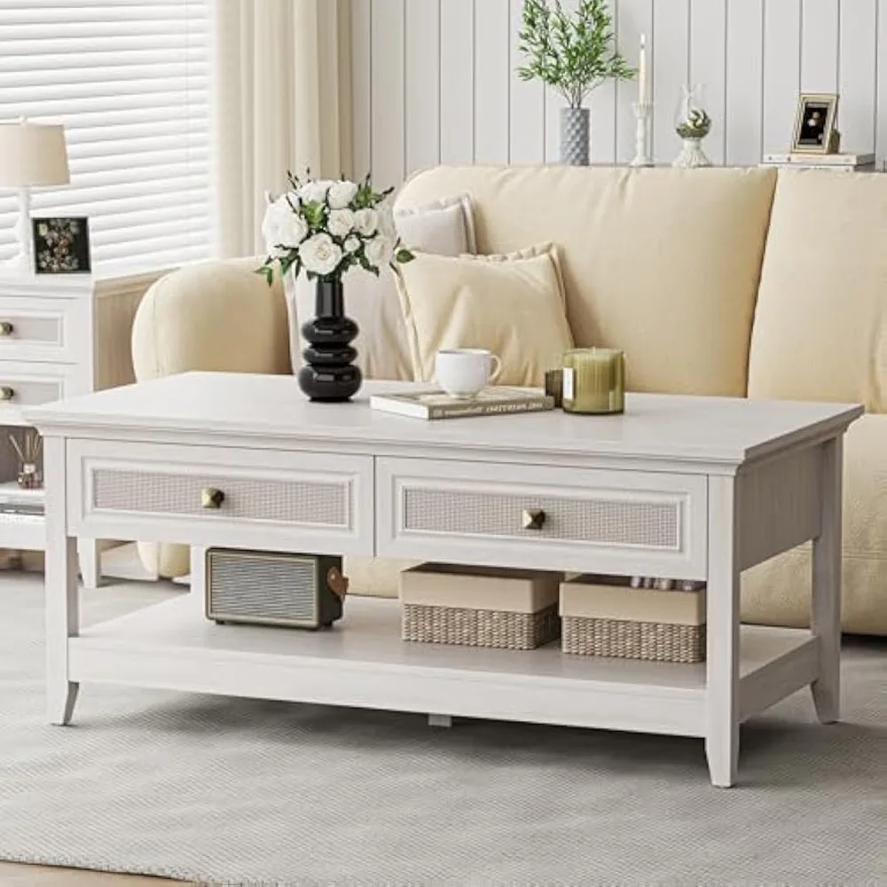 

Farmhouse Coffee Table, Boho Tea Table with 2 Rattan Decor Drawers, Accent Center Sofa Table with Storage Shelf, 2 Tier Coffee T