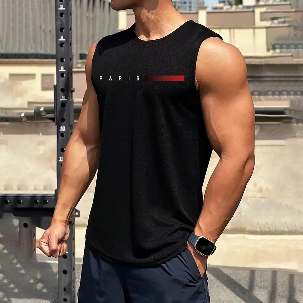 Summer Men\'s Sleeveless T-Shirt Fashion Paris Print Tank Top Casual Outdoor Gym Vest Clothing New Man O Neck Pullover Sportswear