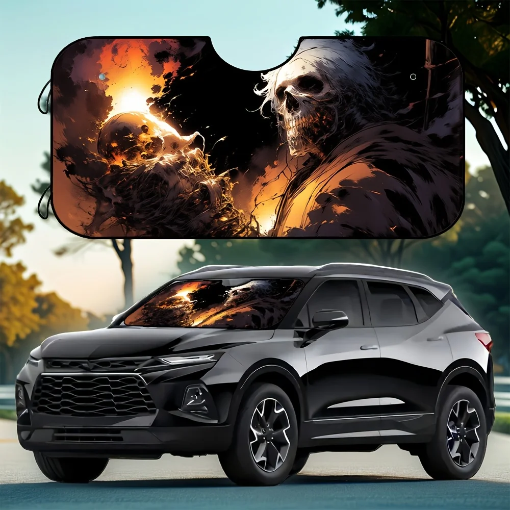 

1pc, Watercolor Inspired Style, Skeleton Torch Design Foldable Windshield Sun Shade Cover UV Heat Blocking Universal Fit Car Int