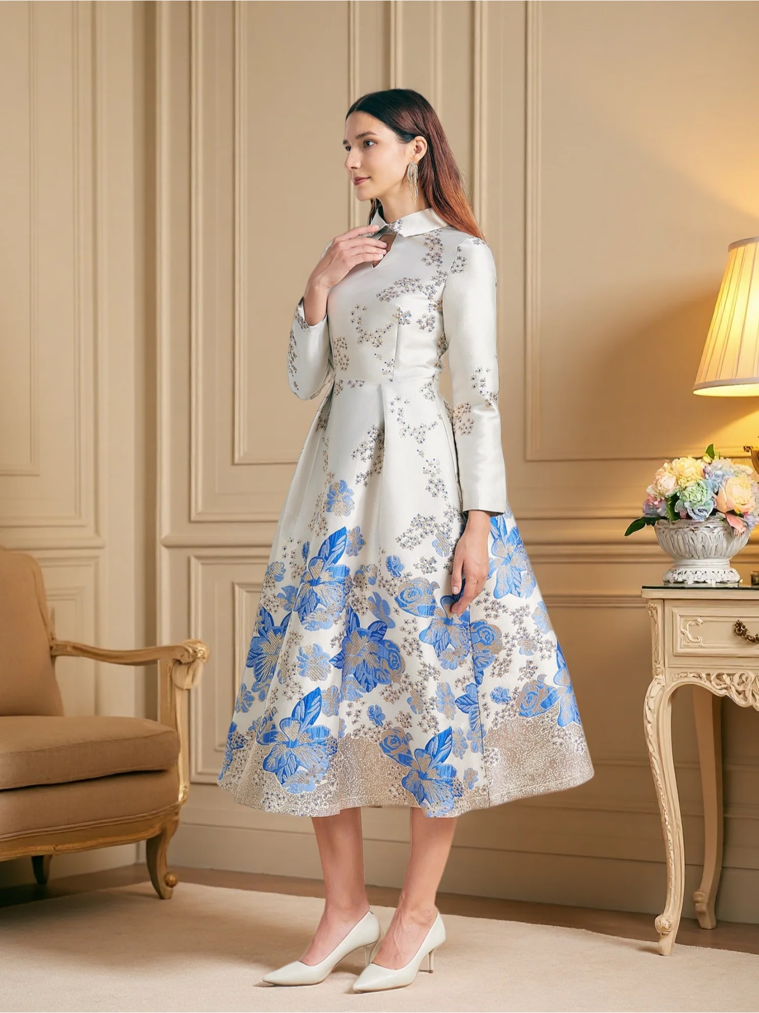 DEVCHATA 여성용 롱 맥시 자카드 드레스, 플라워 파티 무도회 가운, 럭셔리 패션, 신상, 이브닝 베스티도