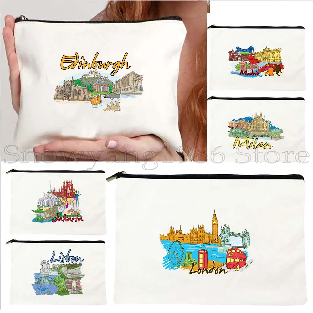 

Budapest Barcelona Edinburgh Florence Lisbon London Madrid Jerusalem Jakarta Canvas Cosmetic Bag Makeup Zipper Pouch Pencil Case