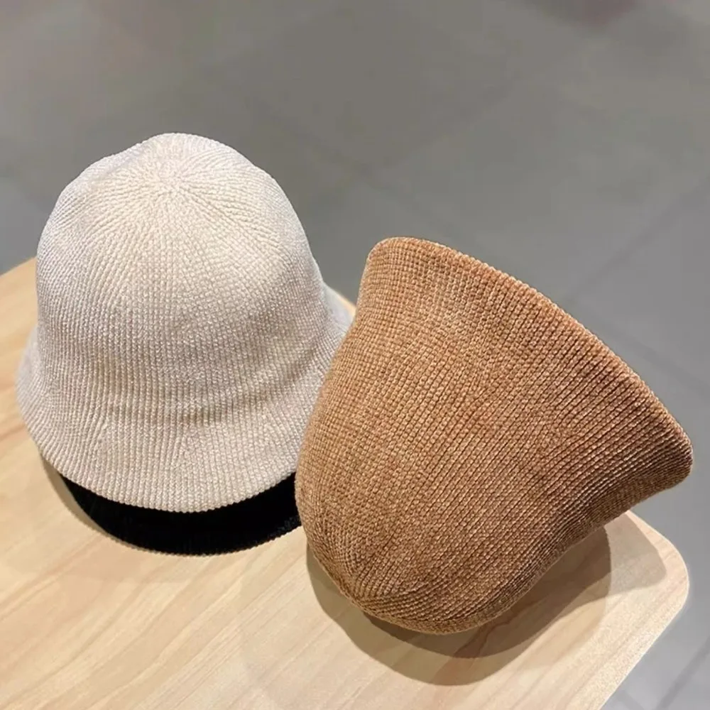 

Elegant Chenille Knitted Fisherman Hat British Style Solid Color Women Panama Cap Korean Style Ear Warmer Bucket Hat Winter