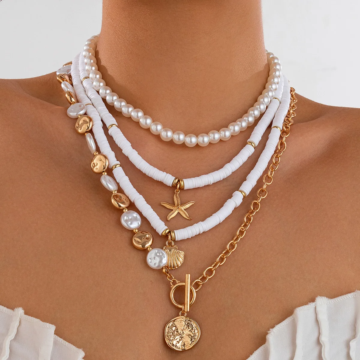 

IngeSight.Z Boho Soft Pottery Imitation Pearl Chain Choker Women Necklace Set Vintage Conch Starfish Pendant Necklace Jewelry