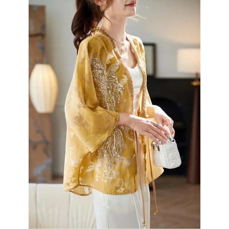 

Trend Women's Spring Autumn Top Coat Openwork Batwing Sleeves V-neck Sleeve Studs Retro Simple Comfortable Casual Versatile