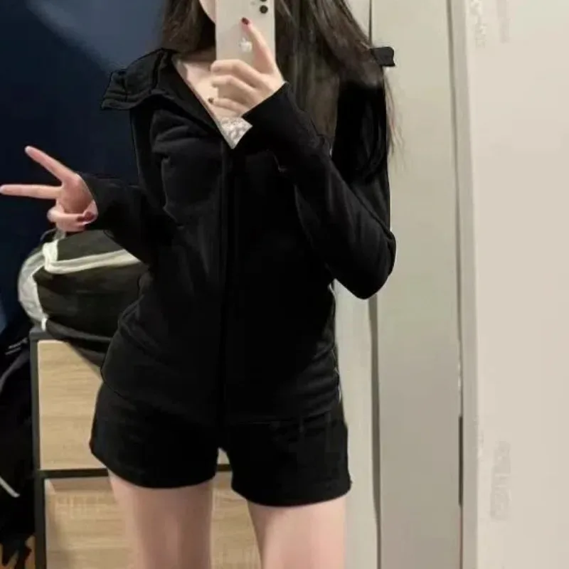 Women\'s Clothing Hoodies Spring Autumn Solid Color Zipper Pocket Lantern Long Sleeve Hooded Coats Casual Fashionable Tops