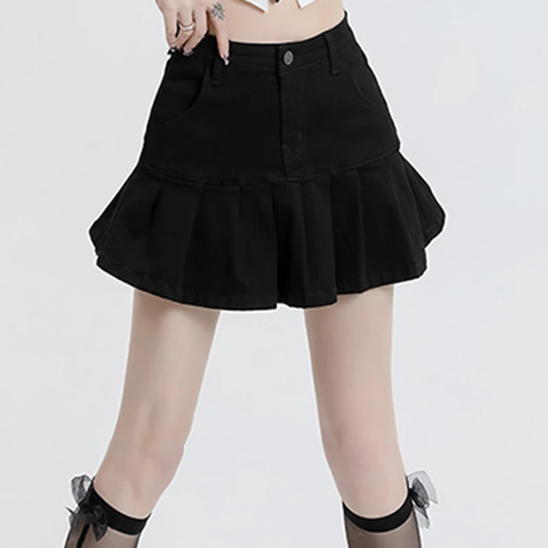 

Women High Waist Elastic Mini Skirts Female Cutecore Wrap Buttocks Denim Dress Lady Y2k Black Light Blue A Line Pleated Skirts