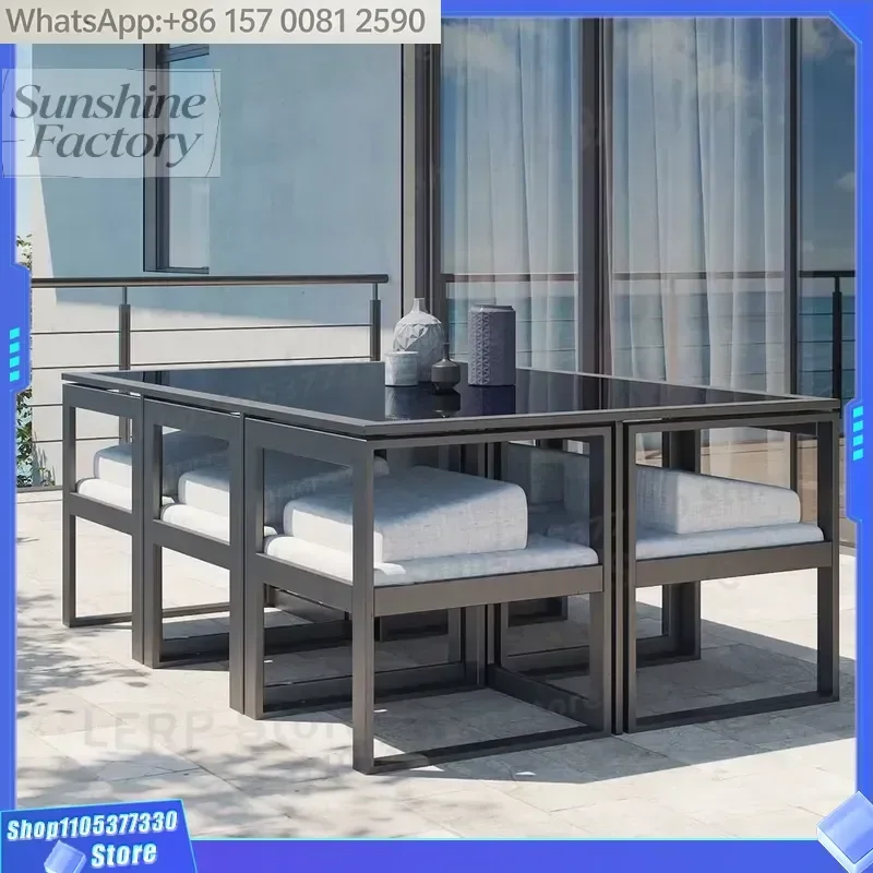 Waterproof Outdoor Furniture Aluminium Garden Dining Set Patio Conversation Set Metal 6 Armchairs With Table Hotel Bistro Set