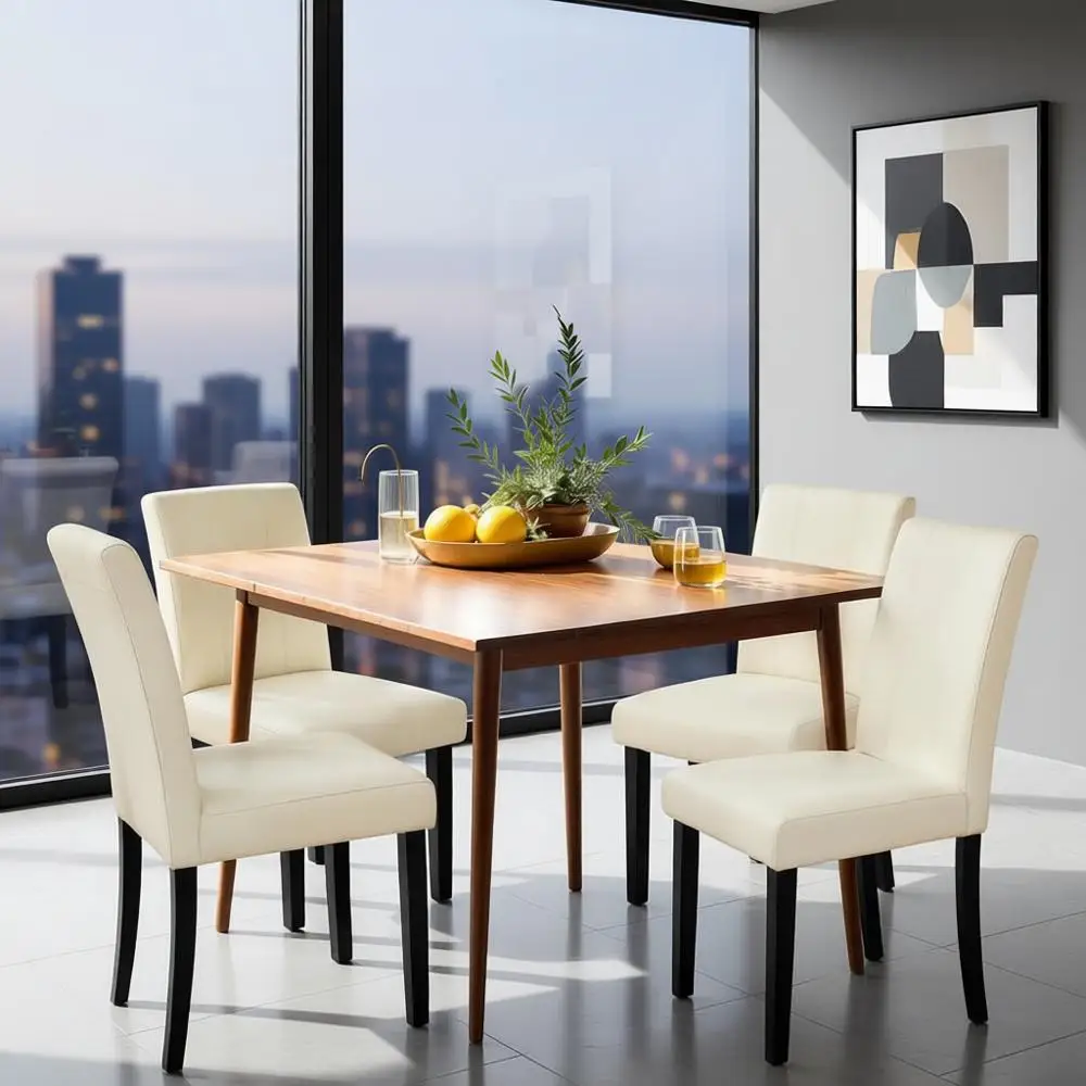 Set of 4 Ivory High-Back Faux Leather Upholstered Parsons Dining Chairs with Wood Legs