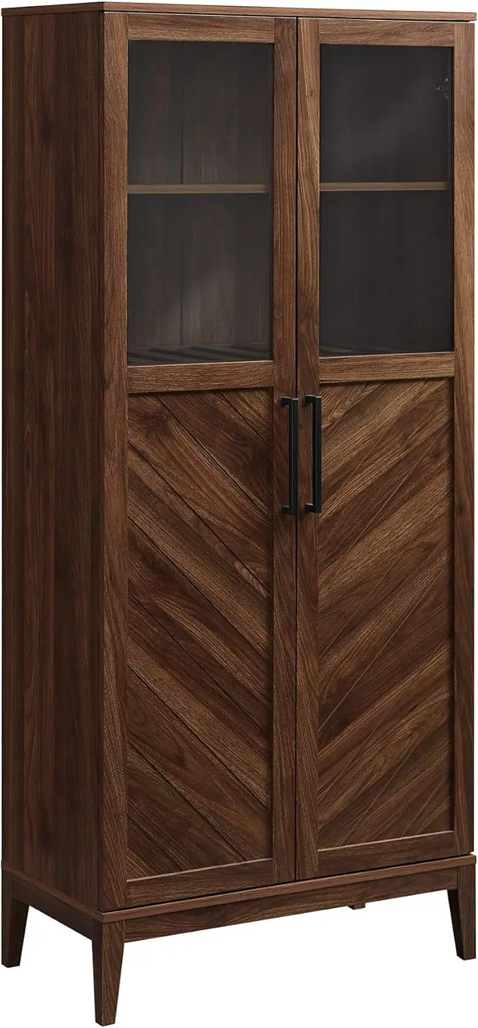 Chevron 2 Door Glass Window Hutch with Bottle Storage, 68 Inch, Dark Walnut