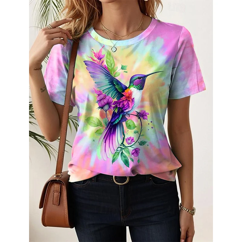 Women Crew Neck Short Sleeve T-shirt Tie Dye Gradient Hummingbird Floral Print Colorful Soft Casual Daily Summer Tee