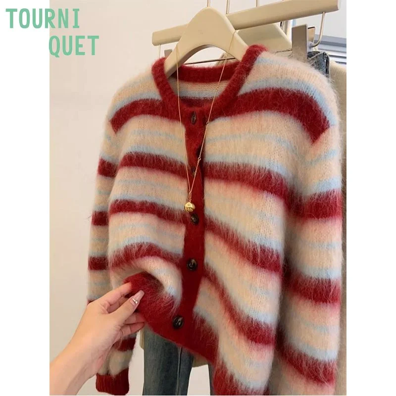 

Wasteland Style Striped Mink Velvet Chinese Sweater Women's Autumn Winter New Fashion Casual Soft Waxy Knitted Cardigan
