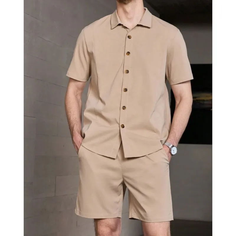 

Mens 2025 New Palm Leaf Printed Shirt Shorts 2-piece Suit Hawaiian Mens Beach Short Sleeved Shorts Set Fashionable Summer
