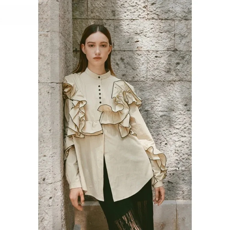 Japanse stijl lente en herfst nieuwe kanten rand vetersluiting single-breasted shirt zoete meisjes veelzijdige effen kleur lange mouw top