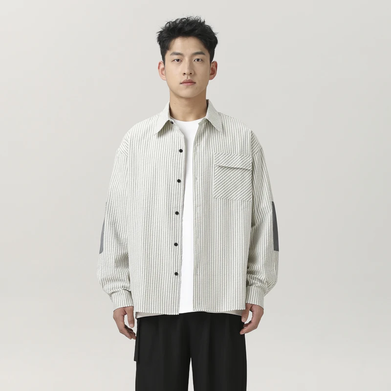 Striped Foam Gauze Patch Shirt Men Japanese Korean Streetwear Fashion Loose Casual Cityboy Shirts Blouses Campus Boys Clothing