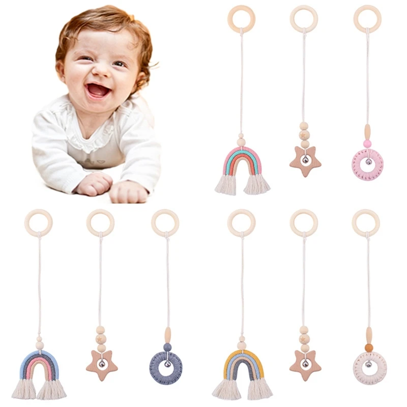 

3 Pieces Wooden Baby cartoon rainbow pendant star rattle Toys Hanging Activity Play Gym Toy Set Newborn Gift Infant Toys
