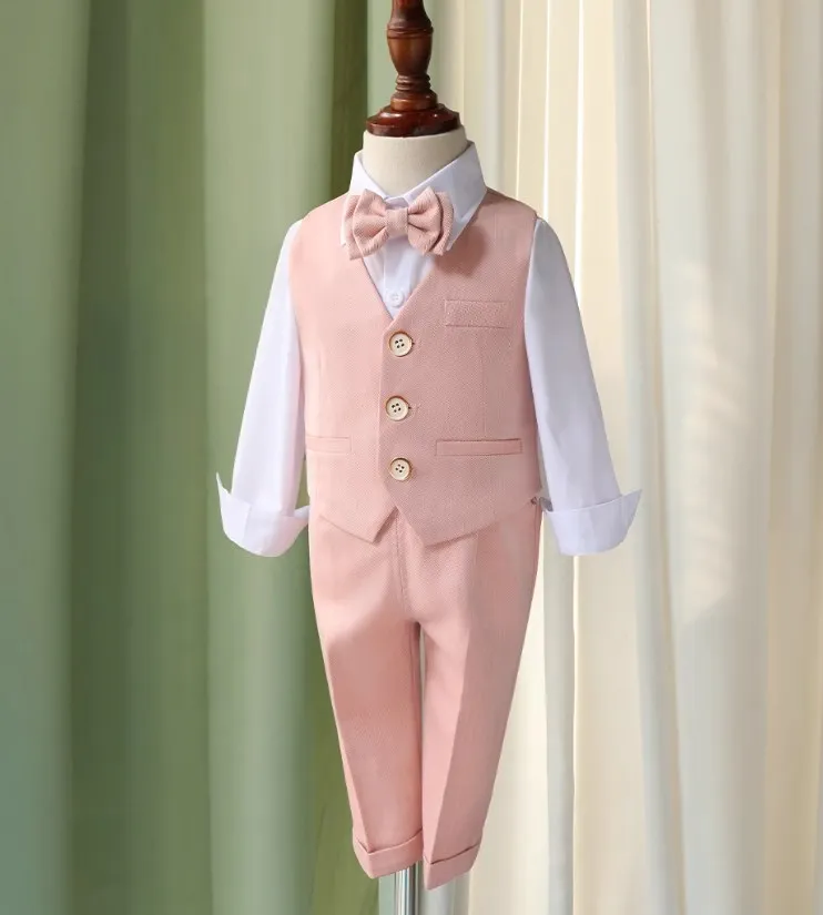 Kids Birthday Wedding Party Dress Performance Tuxedo Set Children Pink Elegant Photography Suit Boys Formal Ceremony Costume