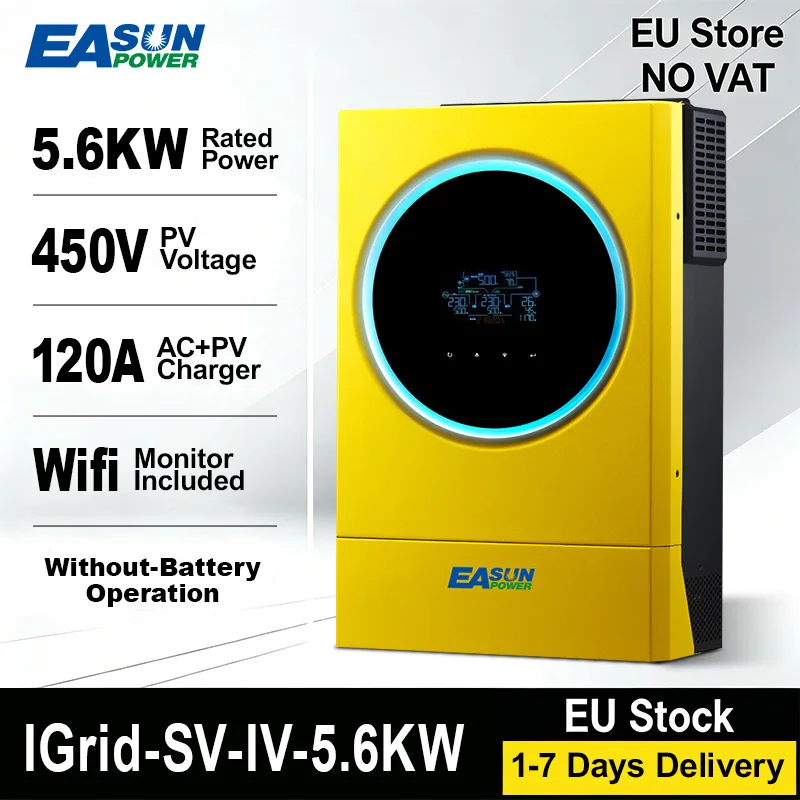 EASUN POWER 5.6KW 48V Hybride Solar Inverter 230VAC MPPT 120A Solar Charger PV Input 6000W 450VDC LED Ringverlichting Aanraakbare Knop