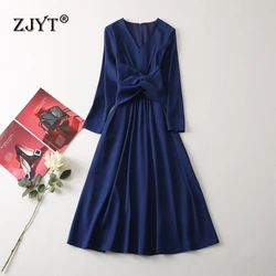 ZJYT abiti eleganti a maniche lunghe primaverili per le donne scollo a V Lace Up Midi Party Dress Deep Blue Casual Aline Vestidos abiti femminili