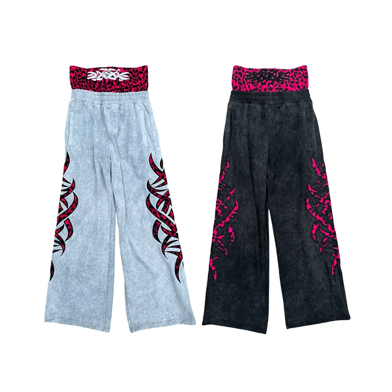 

Y2K Vintage Washed Pants Tribal Graphic Leopard Print High Waist Wide Leg Sweatpants Casual Men Women Fashion Loose Streetwear
