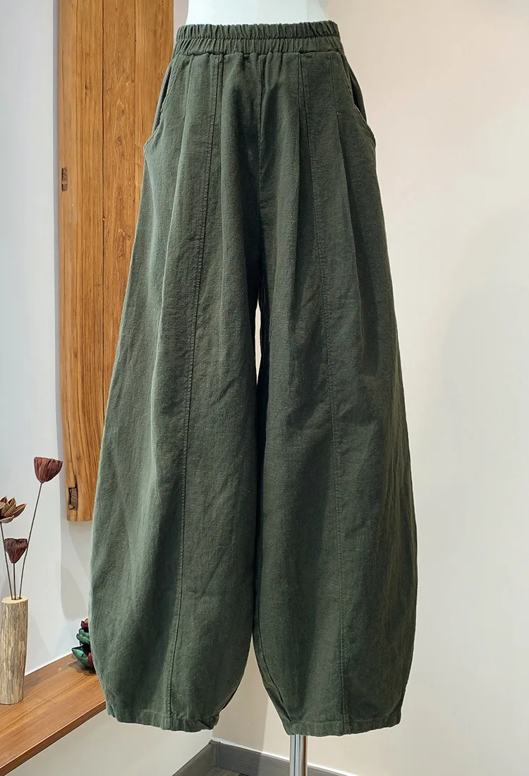 Autumn/Winter Cotton-Linen Pants: Ramie Stone-Washed Chinese Zen Style Slim-Fit Culottes.