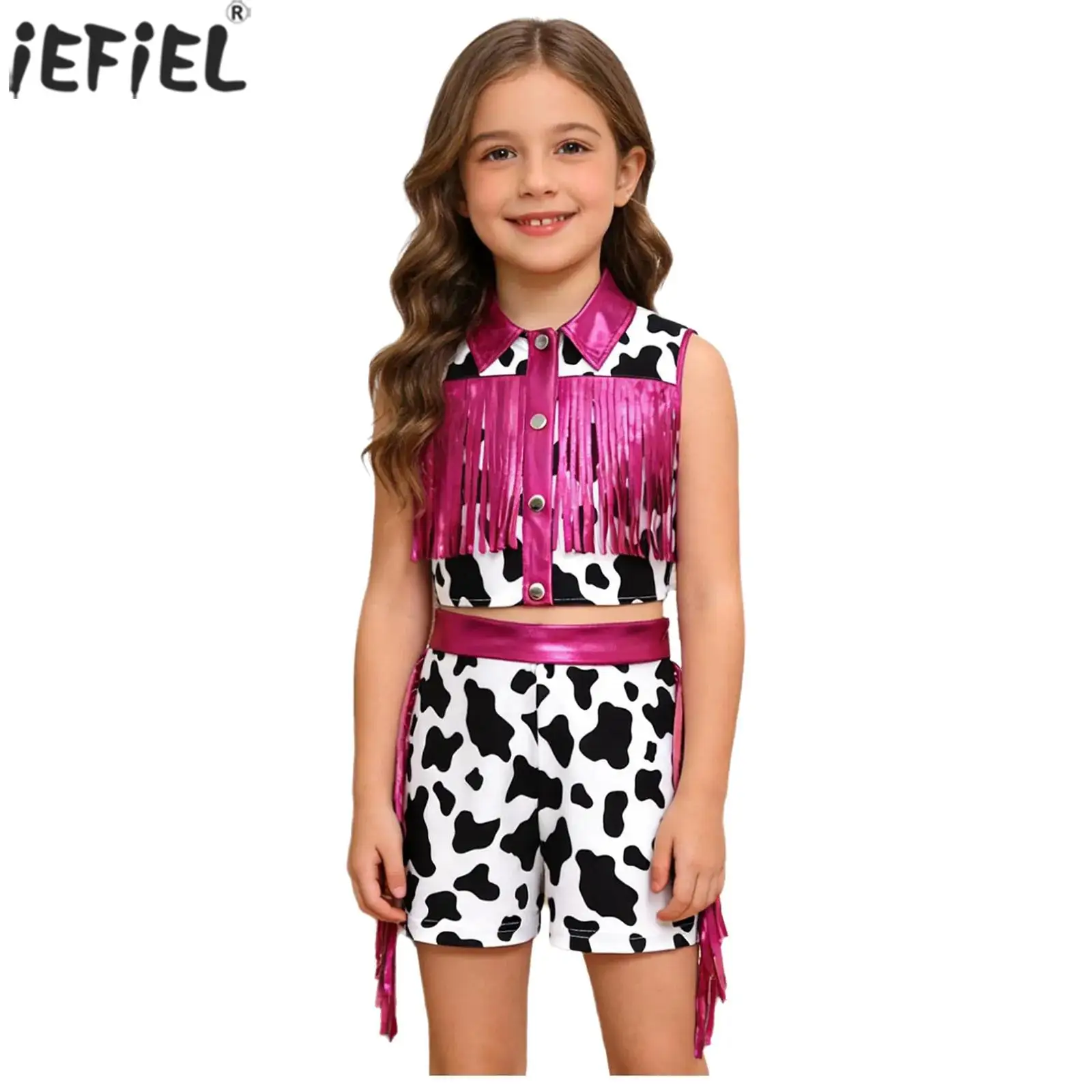 

Детский костюм пастушки в стиле вестерн для девочек, укороченный топ без рукавов с металлическими кисточками и пуговицами для карнавала на Хэллоуин