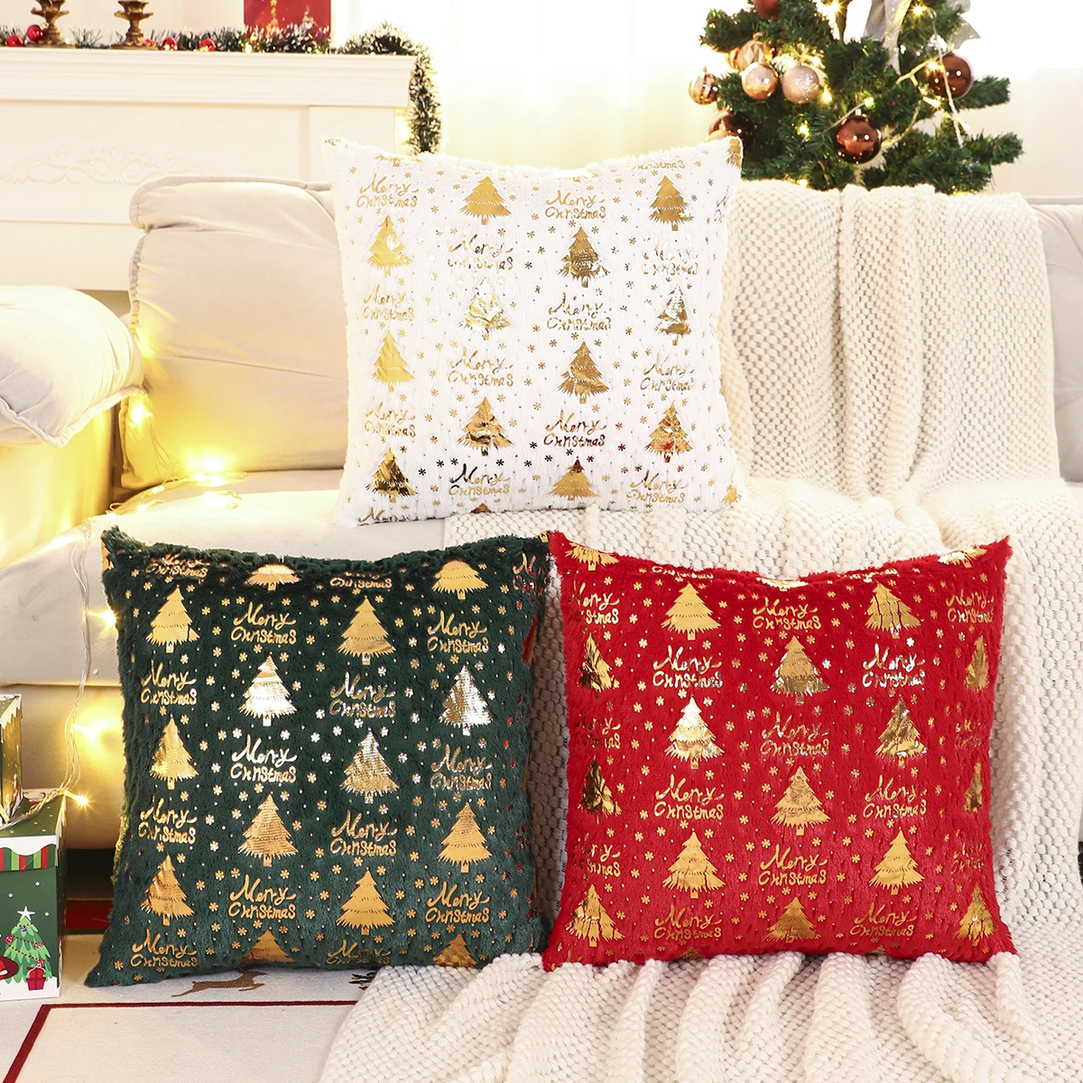 1PC Weihnachtsbaum Dekokissenbezug Winter Plüsch Bronzing Weihnachten Schneeflocke Dekoration Wohnzimmer