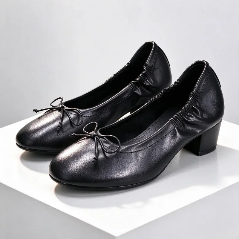 Elegant Bow Detail Pumps Women Sturdy Chunky Heels for Ladies High-Quality Soft Leather PU Mary Jane Shoes Comfort Women's Shoes