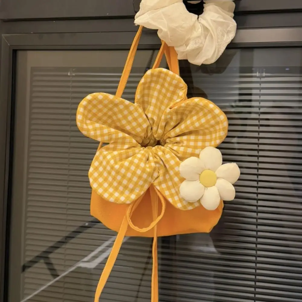

Casual Plaid Flower Drawstring Bag Cloth Cute Small Crossbody Bag Portable Storage Bag ins Shoulder Bag Student