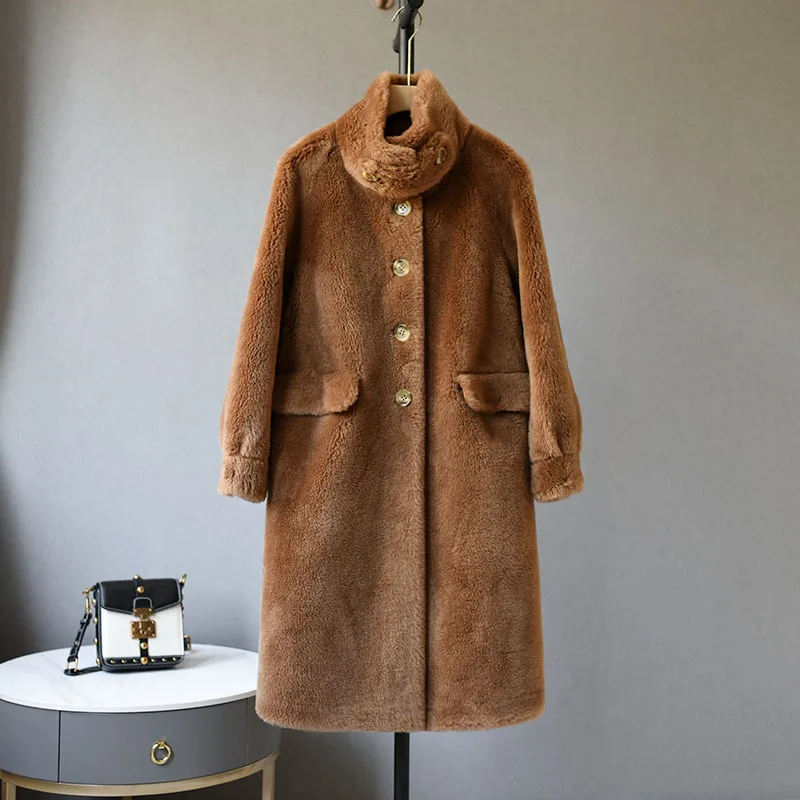 2022 Fashion Women Furry Long Coat Stand Collar Vintage Women Lambswool Coat Femme Women Thick Winter Coat Abrigo Streetwear