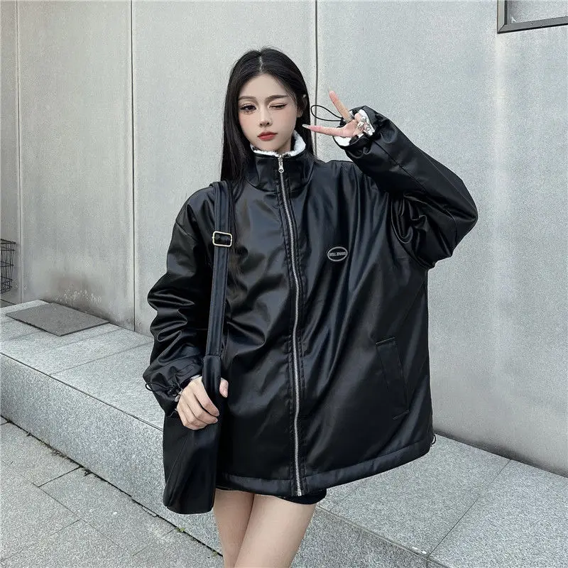 

Autumn Winter Female Instagram Heart-shaped Plush Thickened Jacket with Leather Coat on Both Sides Trendy American Retro Style