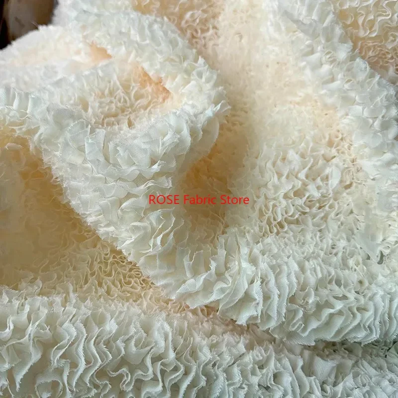 Apricot 3D Flower Embossed Textured Jacquard Fabric For Wedding Dress, Summer Blouse, Evening Wear, Houte Couture,