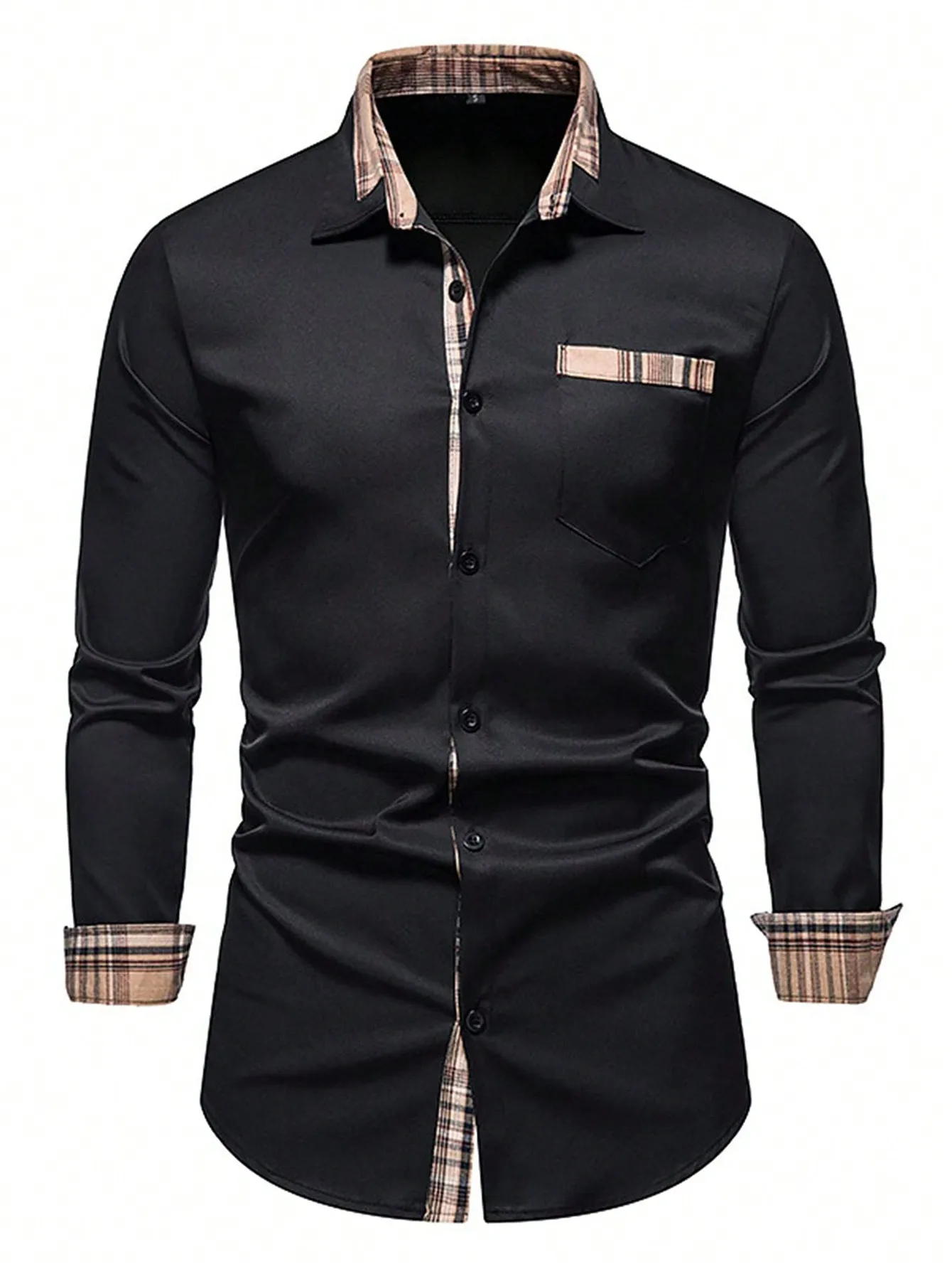 

Men's Black Long Sleeve Casual Shirt with Plaid Contrast Trim