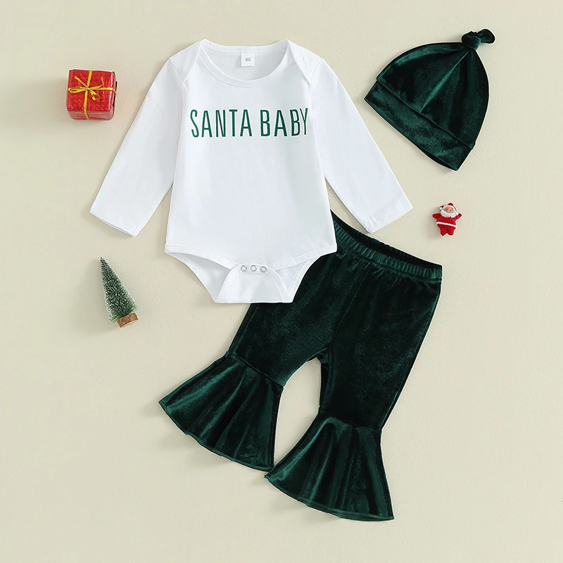 Infant Baby Girls 3pcs Christmas Velvet Red Suit Long Sleeve Doll Collar Button Romper Elastic Flare Pants Headband Set Xmas