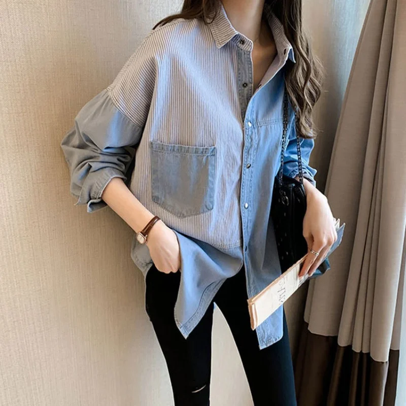 New Fashion Women\'s Denim Shirt Long Sleeve Cotton Loose Blouse Spring Elegant Casual Tops