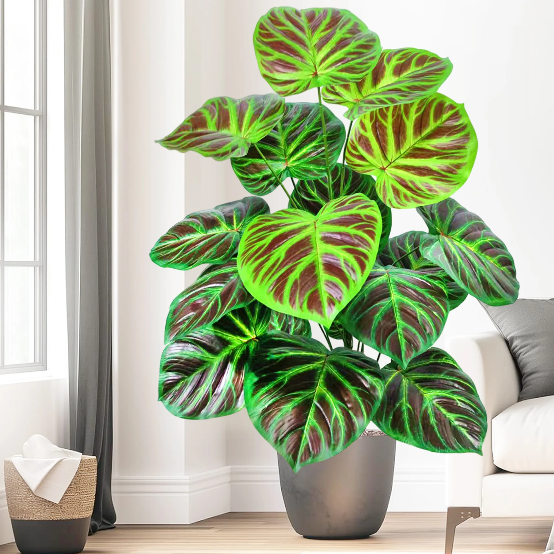 110cm Artificial Wine Red Alocasia Leaf Monstera Leaf Green Plant for Home Garden Room Office Decoration