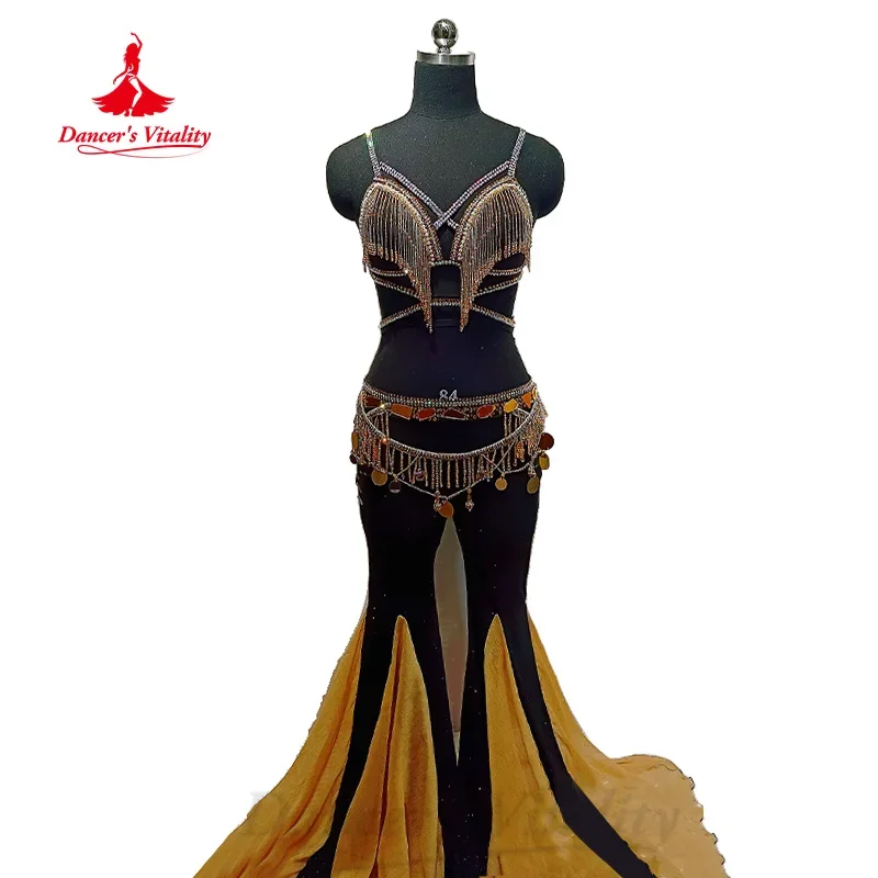 BellyDance Costume Women Customized Diamond Tassel Bra+Sexy Tight Horn Pants 2pcs Belly Dance Professional Performance Costumes