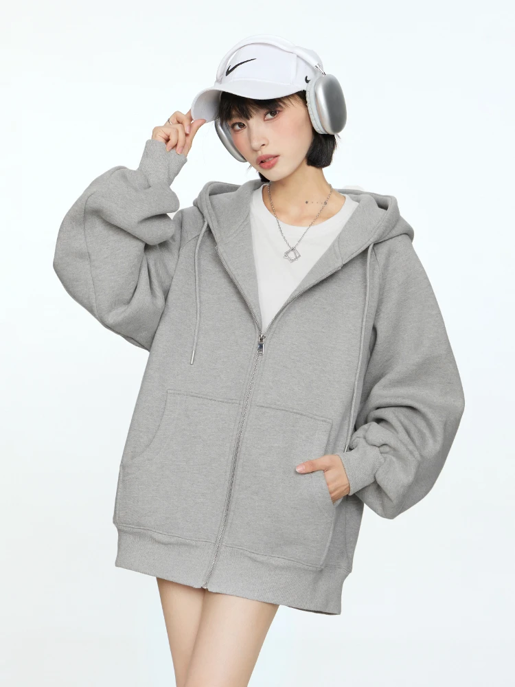 

Hooded Sweater Women's Gray Zipper Cardigan Autumn and Winter Fleece-lined Thickening Exercise American Coat Loose CommonFashion