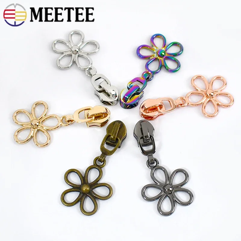 5/10/20Pcs Meetee 5# Nylon Zipper Slider Metal Flower Zips Puller Head for Zip Jacket Bag Repair Garment Sewing Accessory