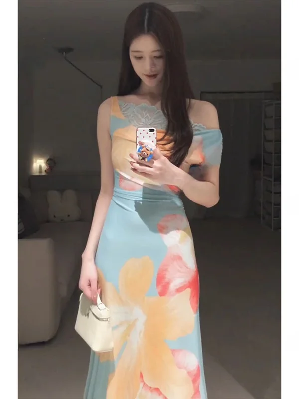 

Elegant Ombre Lace Off-Shoulder Dress Women's Slimming Long Skirt French Style High Waist Summer New Fashion Polka Dot Print