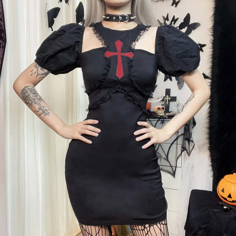 Spitzen besatz Puff ärmel sexy Frau Bodycon neue Ausschnitt Neck holder Kleid Gothic Y2k Muster Kreuz Fee Kleid Puff Ärmel Vestido