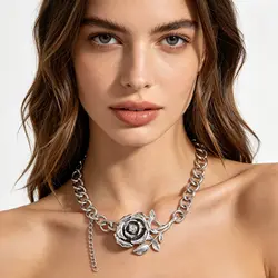 Vedawas New 2024 Exaggerated Rose Necklace,Golden/Silvery Elegant Banquet Wedding Flower Women Accessories