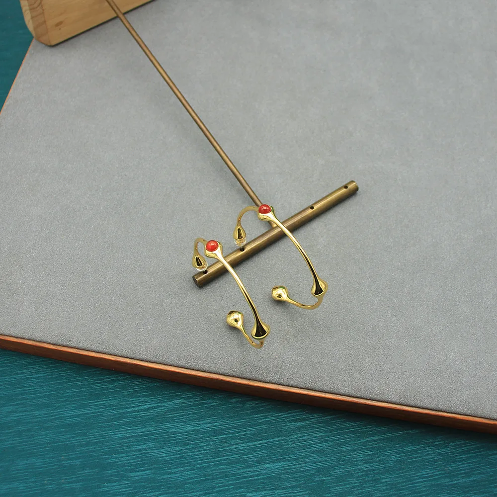 Gold-plated Copper Hoop Earrings with Red Agate Inlaid in A C-shaped Design, Polished Finish view 4