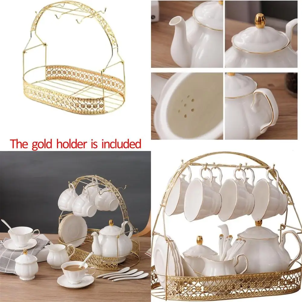 

15-Piece Elegant White Ceramic Tea Set with Metal Holder, Bone China Cups, and Matching Spoons for Afternoon Tea or Coffee Servi